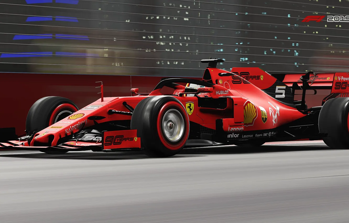 Photo wallpaper speed, track, blur, racing car, red, on the track, Ferrari SF90, F1 2019
