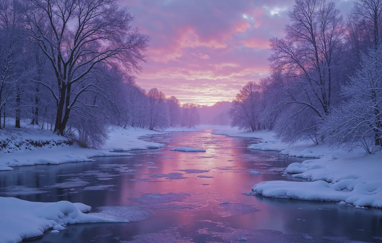 Photo wallpaper winter, forest, snow, trees, river, tree, forest, river