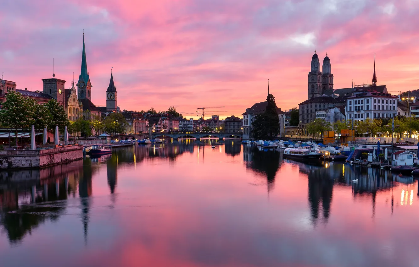 Photo wallpaper sunset, bridge, reflection, river, building, Marina, home, Switzerland