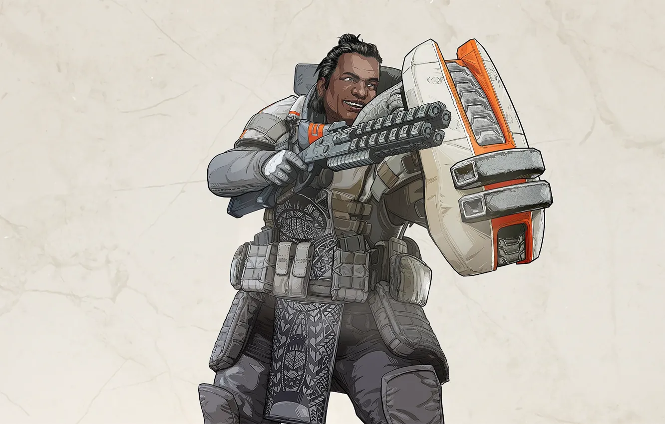 Photo wallpaper weapons, the game, man, shield, grey background, character, Apex Legends