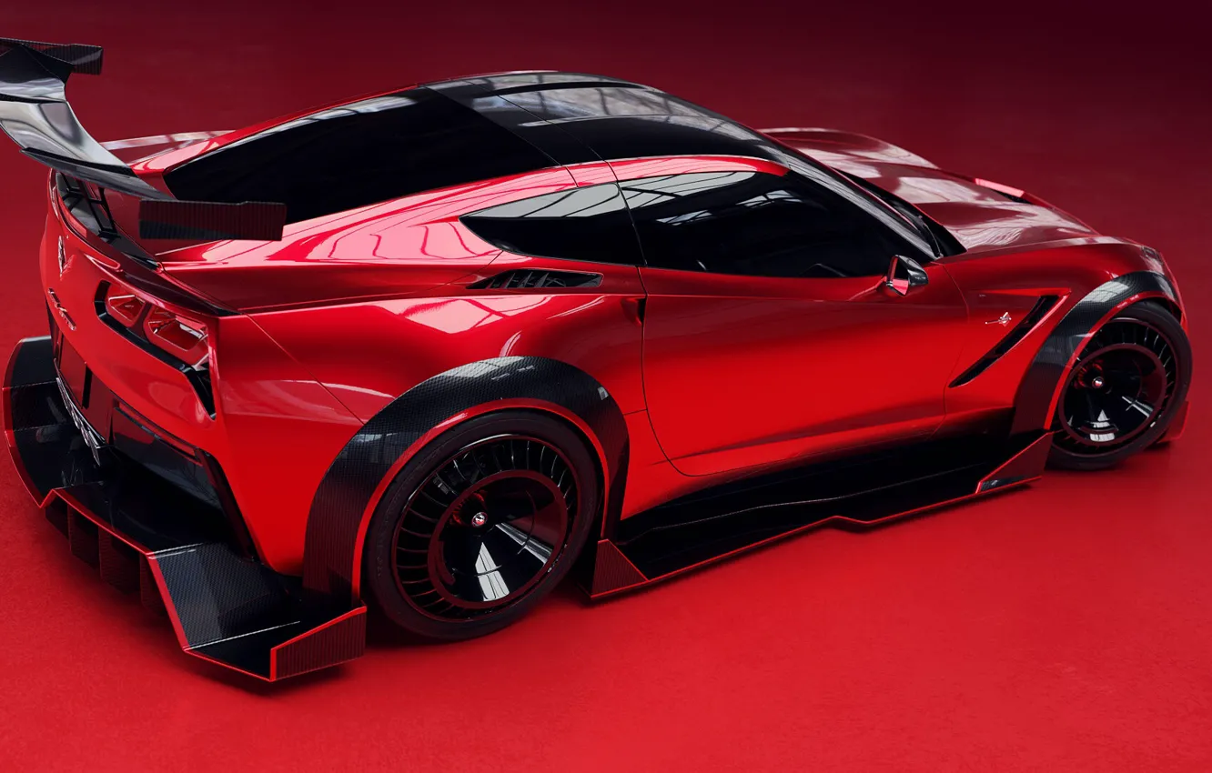 Photo wallpaper car, machine, auto, red, rendering, Corvette, sports car, Stingray