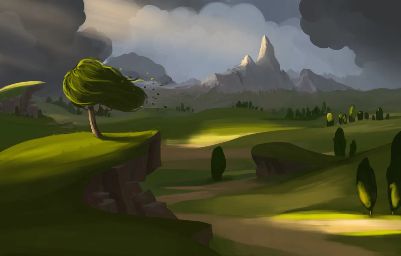 Photo wallpaper road, the storm, grass, trees, landscape, mountains, the wind, art