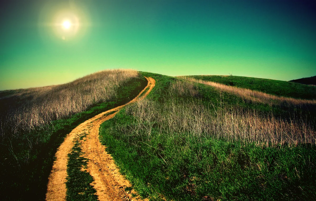 Photo wallpaper road, the sky, grass, the sun, hills, horizon