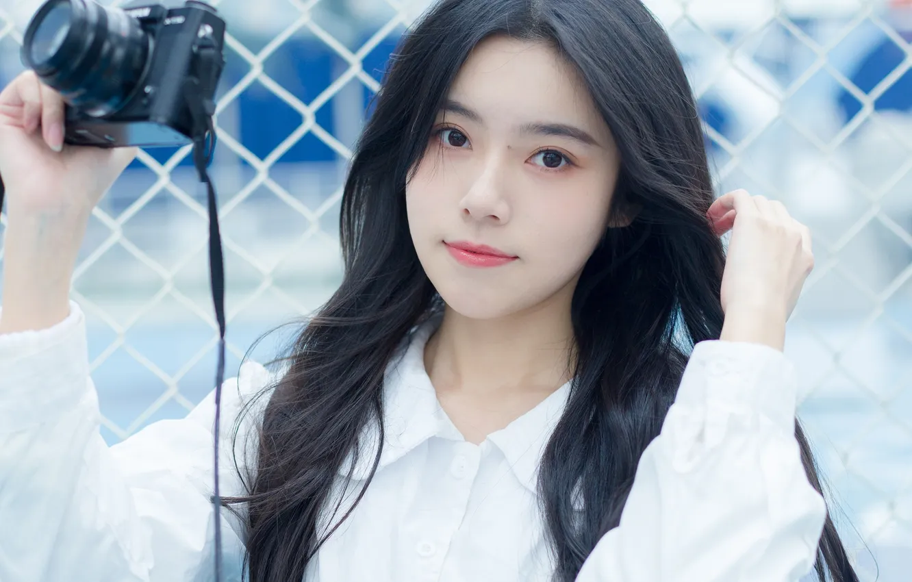 Photo wallpaper woman, smile, camera, beautiful, model, pretty, fence, asian