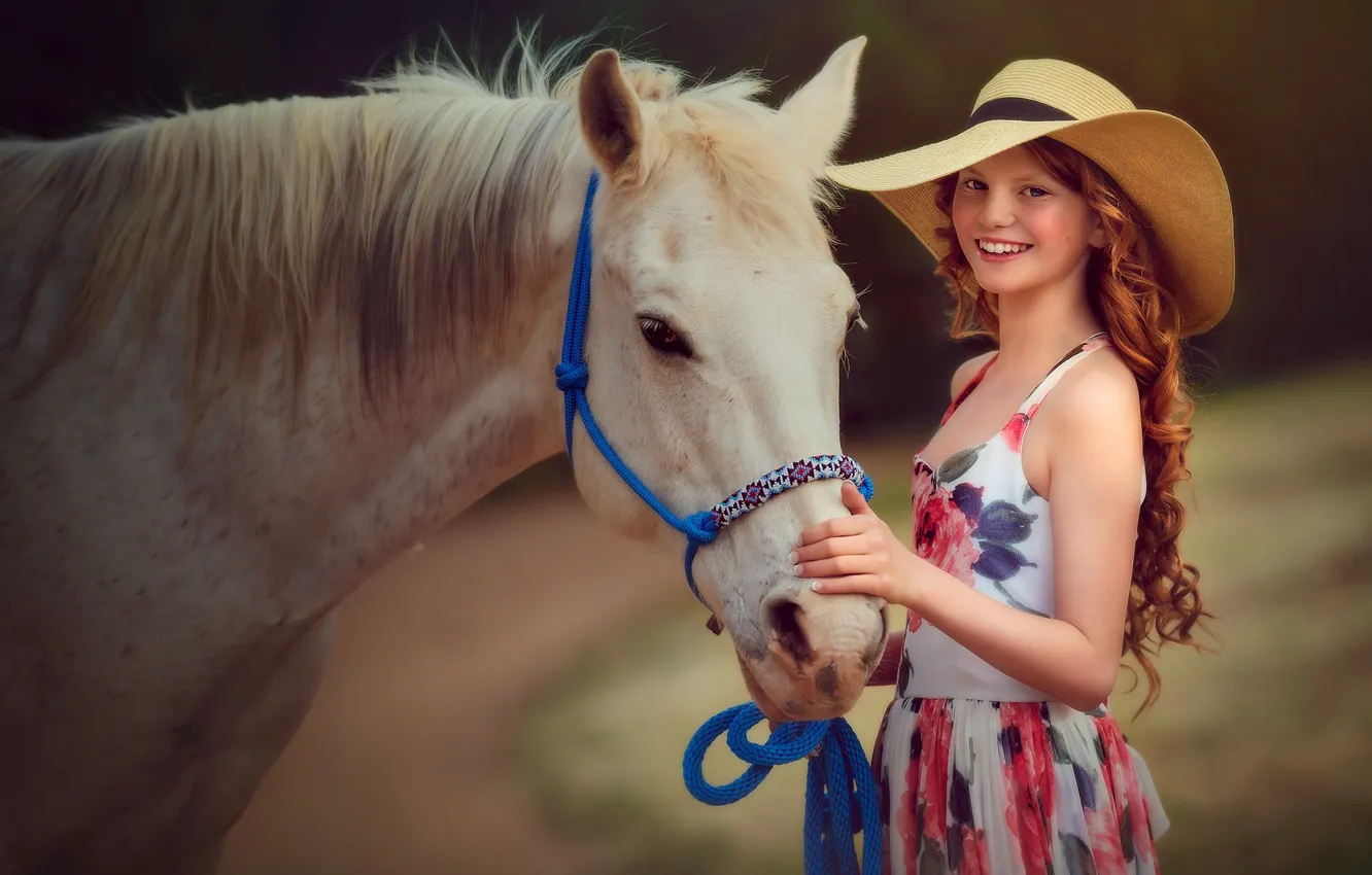 Photo wallpaper horse, girl, hat