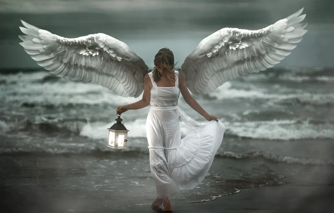 Photo wallpaper sea, girl, shore, angel