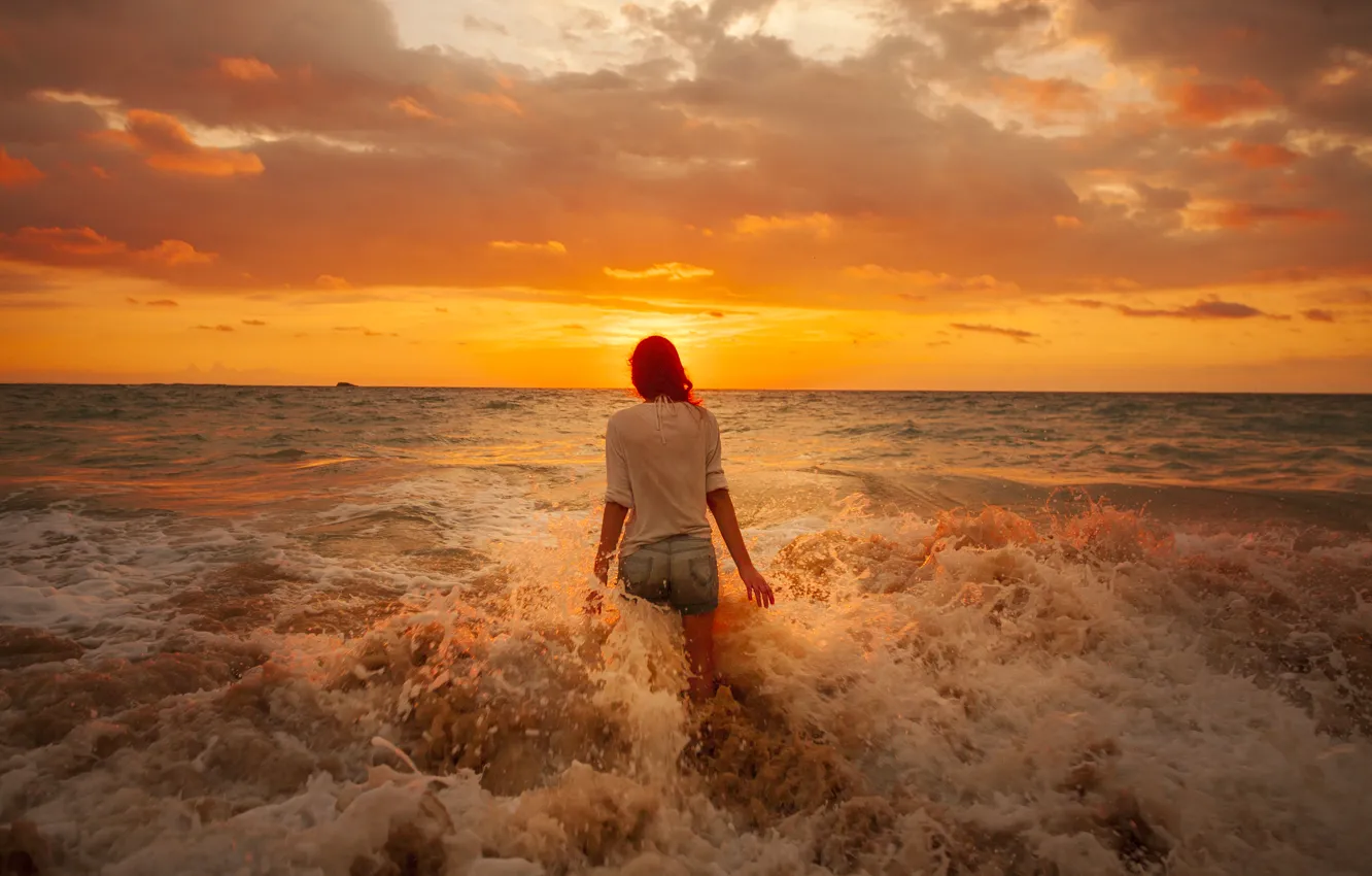 Photo wallpaper sea, beach, girl, clouds, sunrise, horizon
