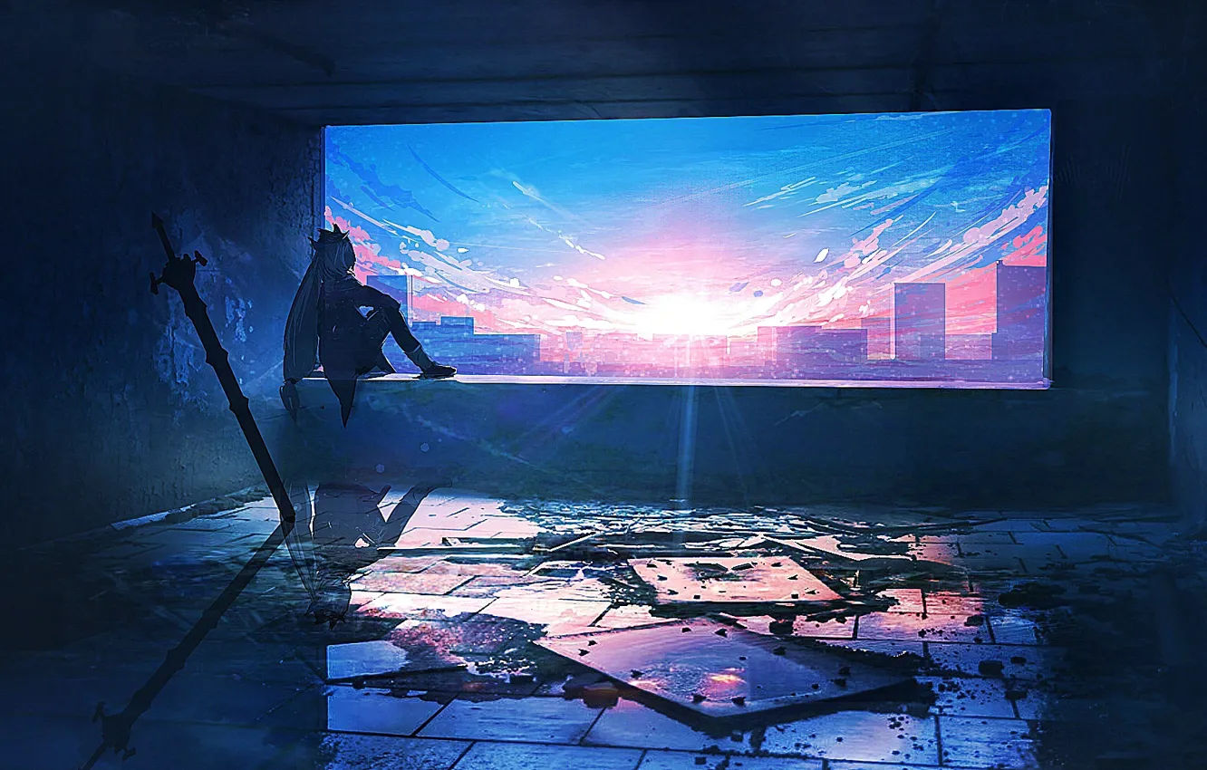 Photo wallpaper girl, the city, dawn, sword, the window opening