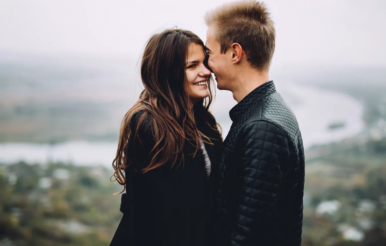 Photo wallpaper look, girl, happiness, smile, jacket, pair, guy, lovers