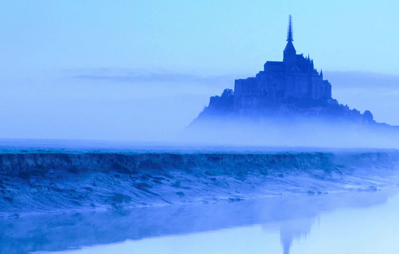 Photo wallpaper castle, France, the reflection in the water, spire, Mont Saint-Michel, in the fog