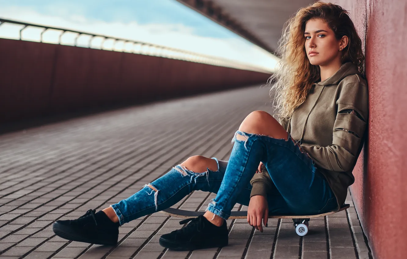 Photo wallpaper girl, young, model, pretty, jeans, skateboard, shirt, long-haired