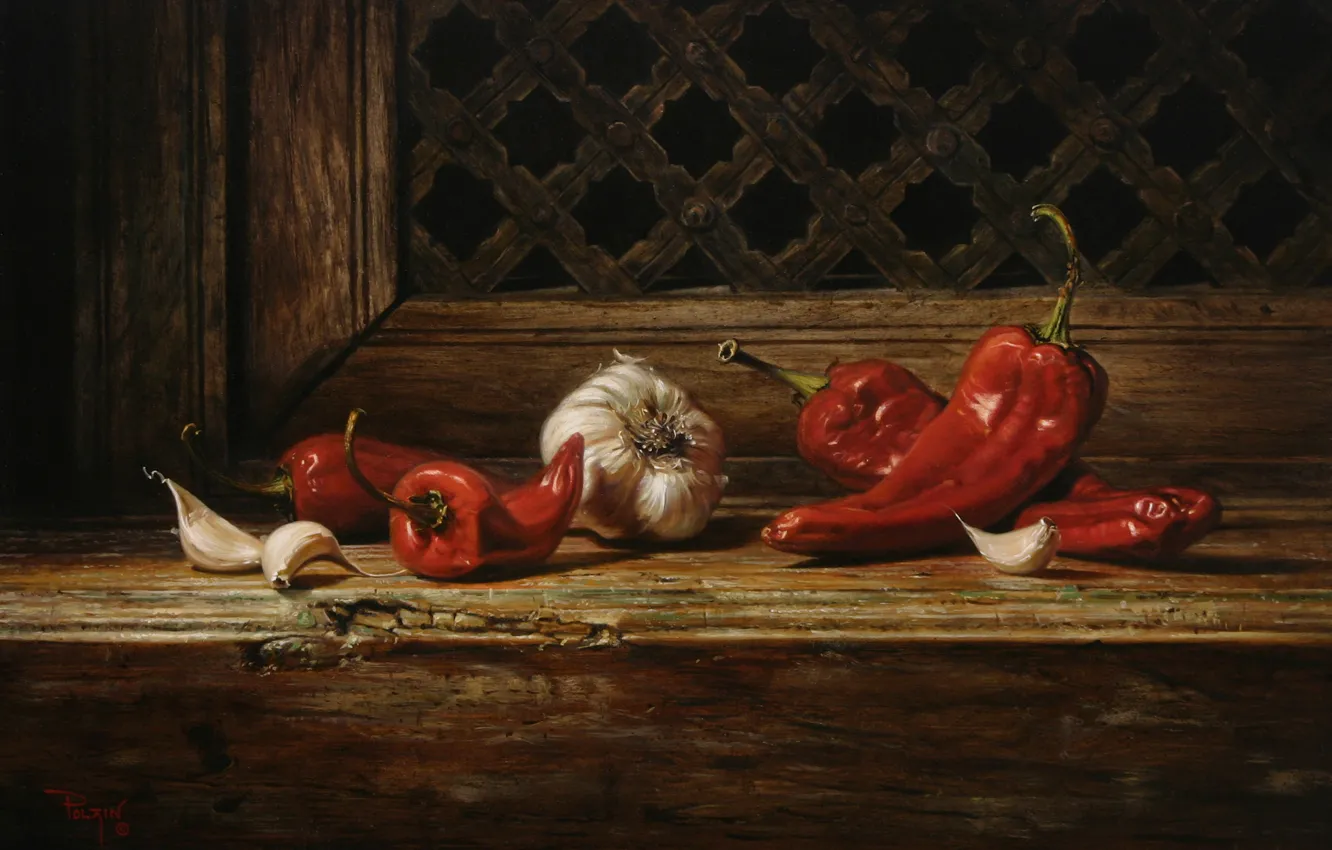 Photo wallpaper macro, table, figure, picture, pepper, still life, reproduction, garlic