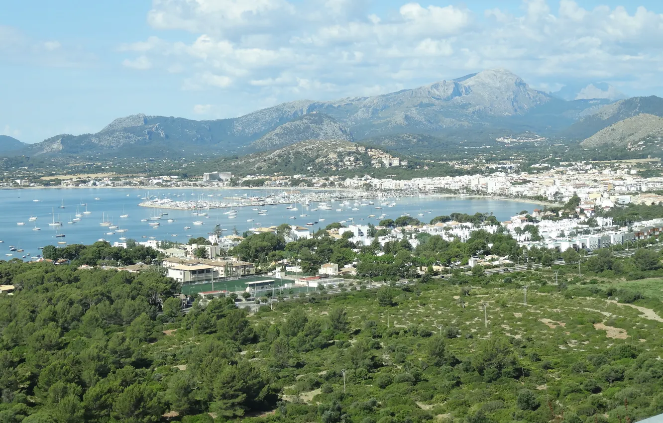 Photo wallpaper sea, mountains, Bay, yacht, port, panorama, Mallorca, Port de Pollensa
