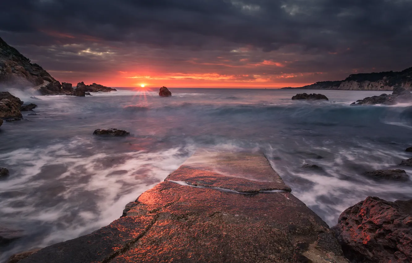 Photo wallpaper sea, sunset, Bay