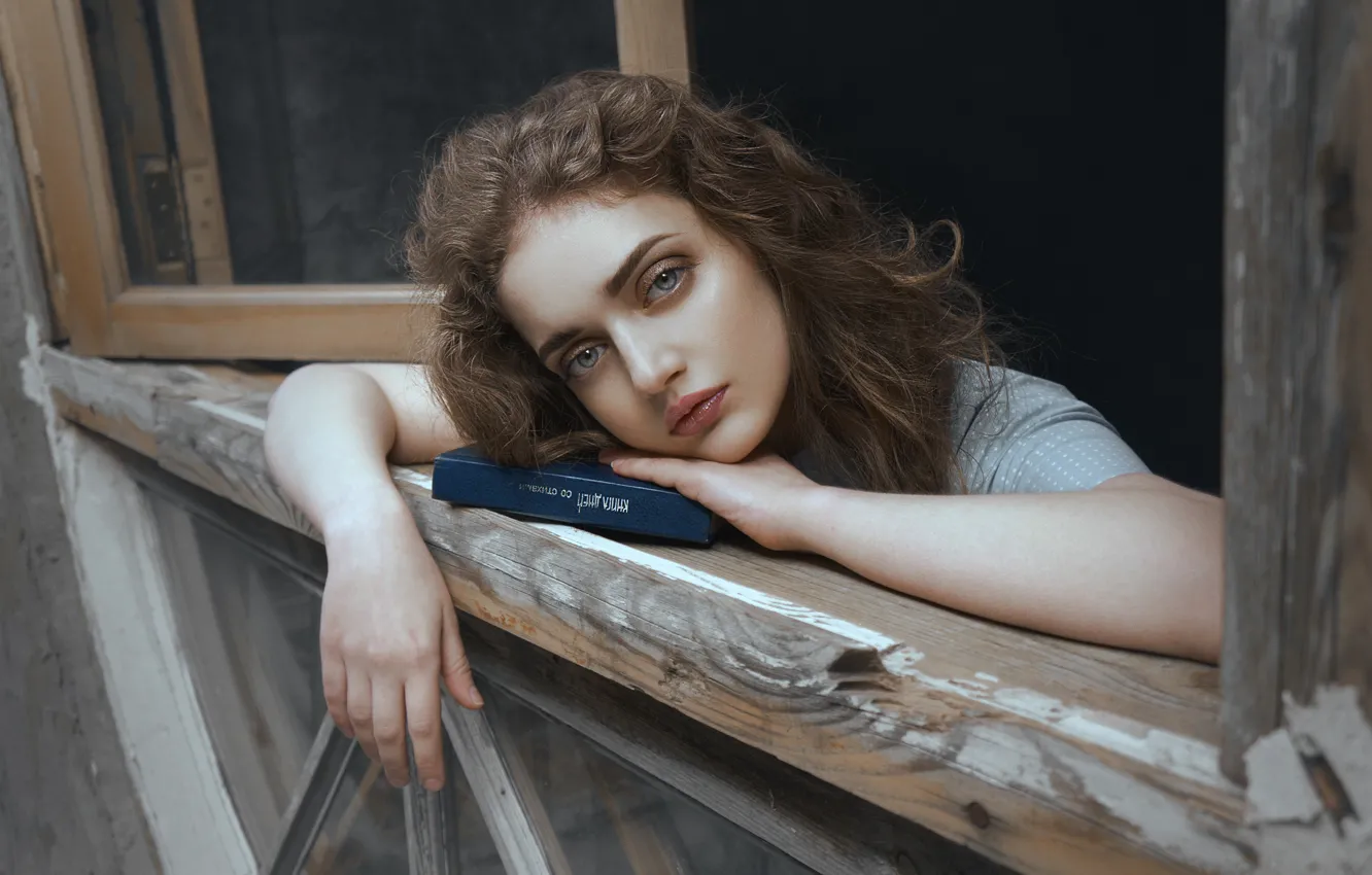 Photo wallpaper look, girl, face, mood, hands, makeup, window, book