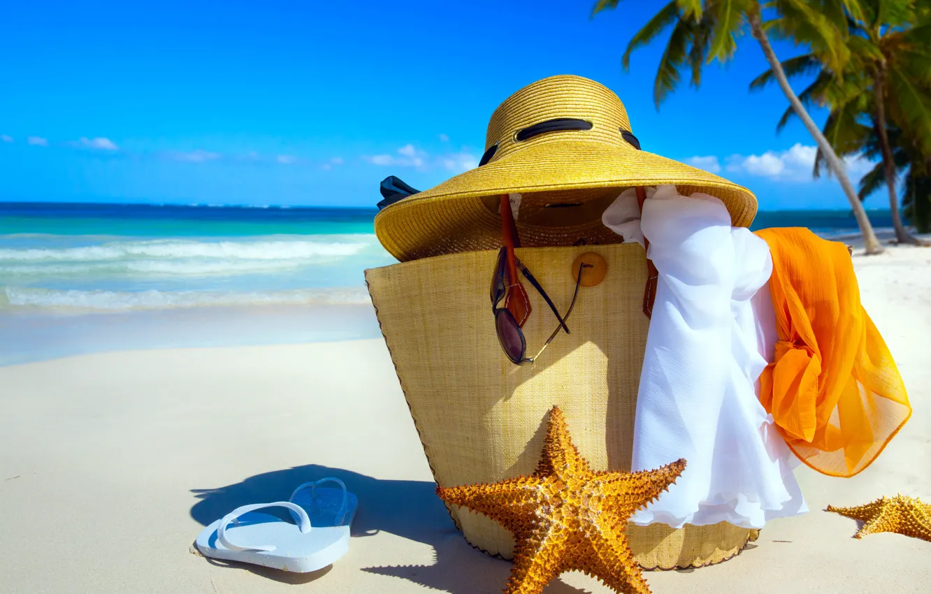 Photo wallpaper sand, sea, beach, the sky, stay, vacation, hat, glasses
