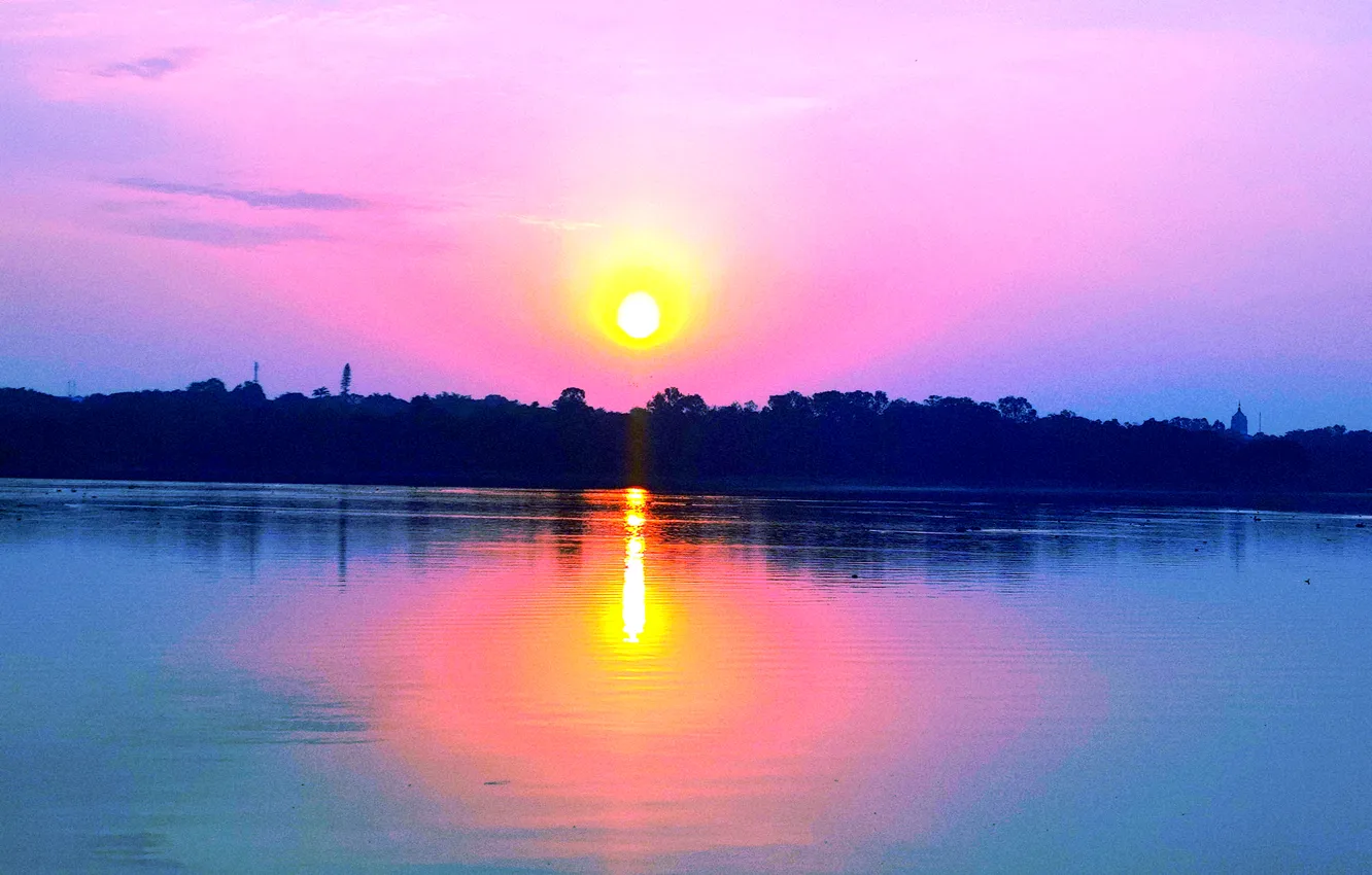 Photo wallpaper sky, trees, water, lake, morning, sun, sunrise, dawn