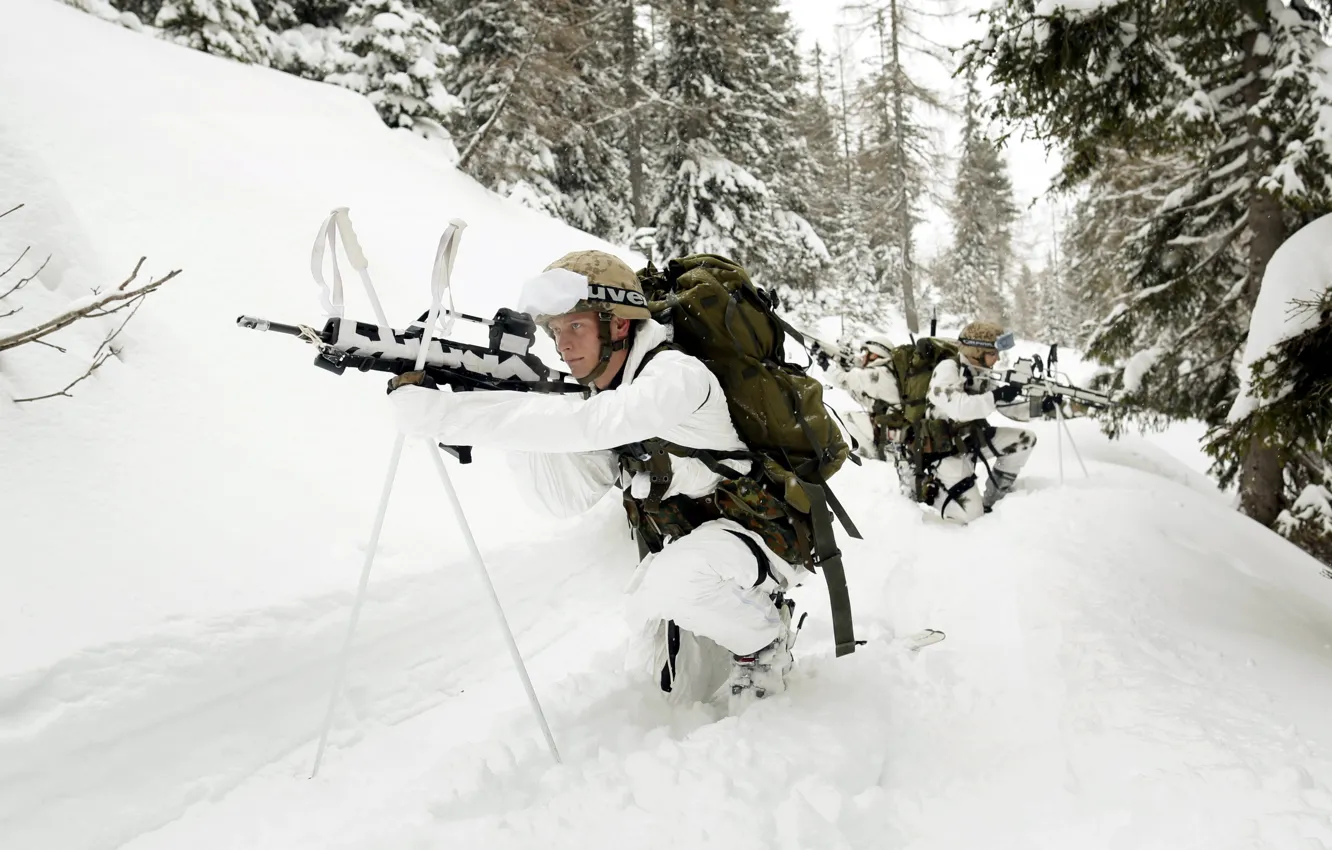 Photo wallpaper winter, snow, weapons, army, soldiers