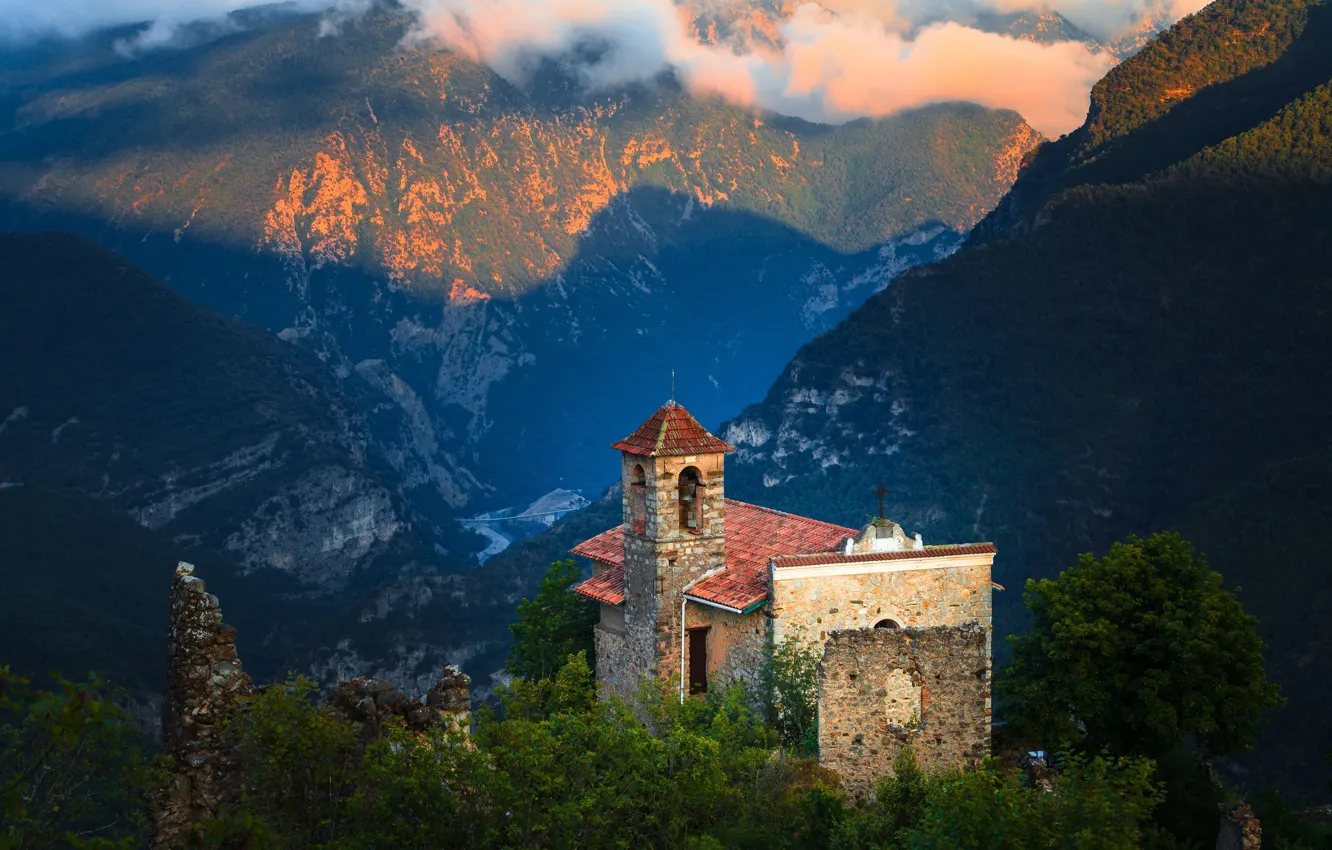 Photo wallpaper mountains, France, Church, panorama, France, Provence-Alpes-Cote d'azur, Provence-Alpes-Côte d'azur, Alpes-Maritimes