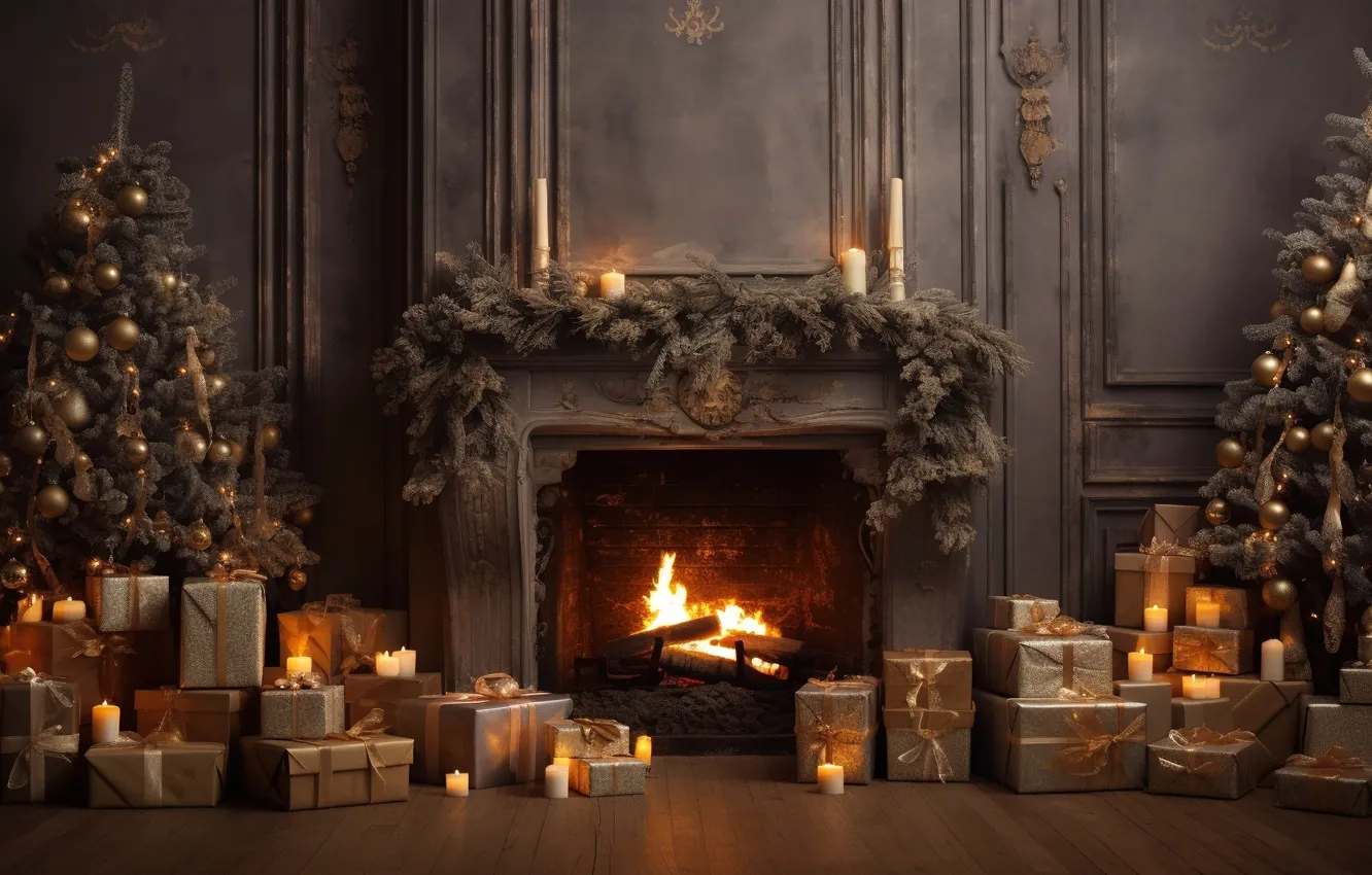Photo wallpaper decoration, room, balls, tree, interior, New Year, Christmas, gifts