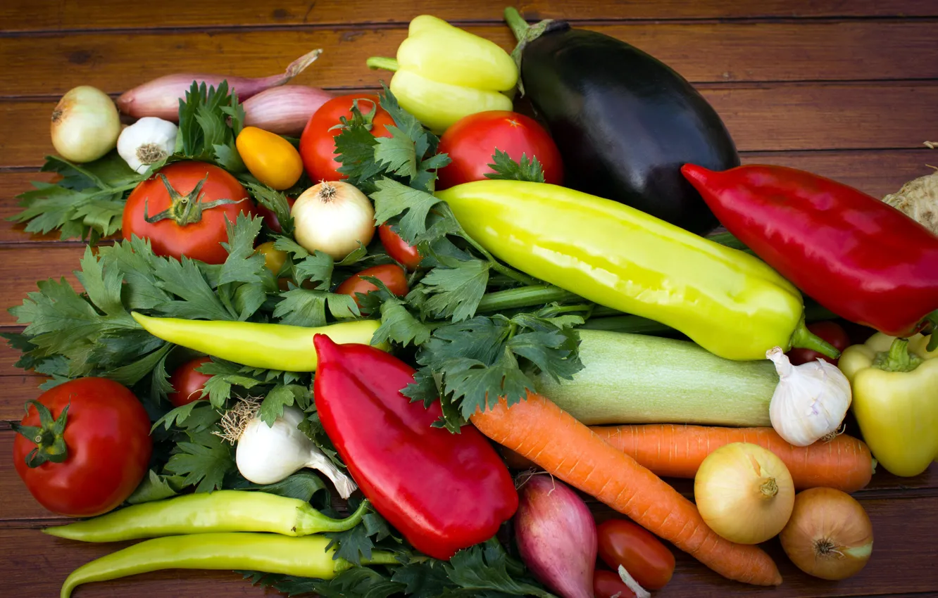 Photo wallpaper greens, bow, eggplant, pepper, vegetables, tomatoes, carrots, peppers