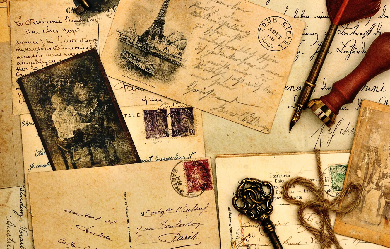 Photo wallpaper letter, paper, key, handle, photos, old, Eiffel tower, vintage