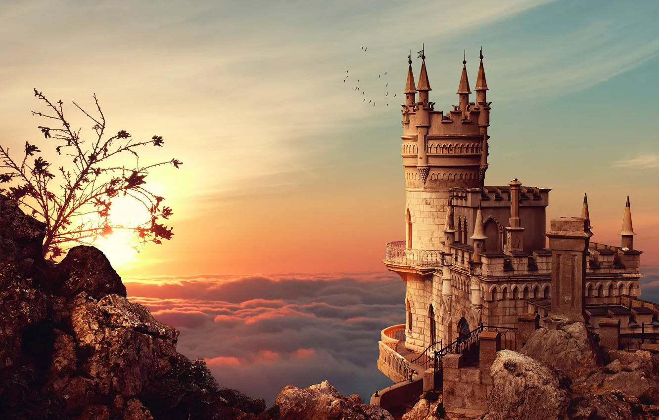 Photo wallpaper the sky, the sun, clouds, fog, stones, castle, open, rocks