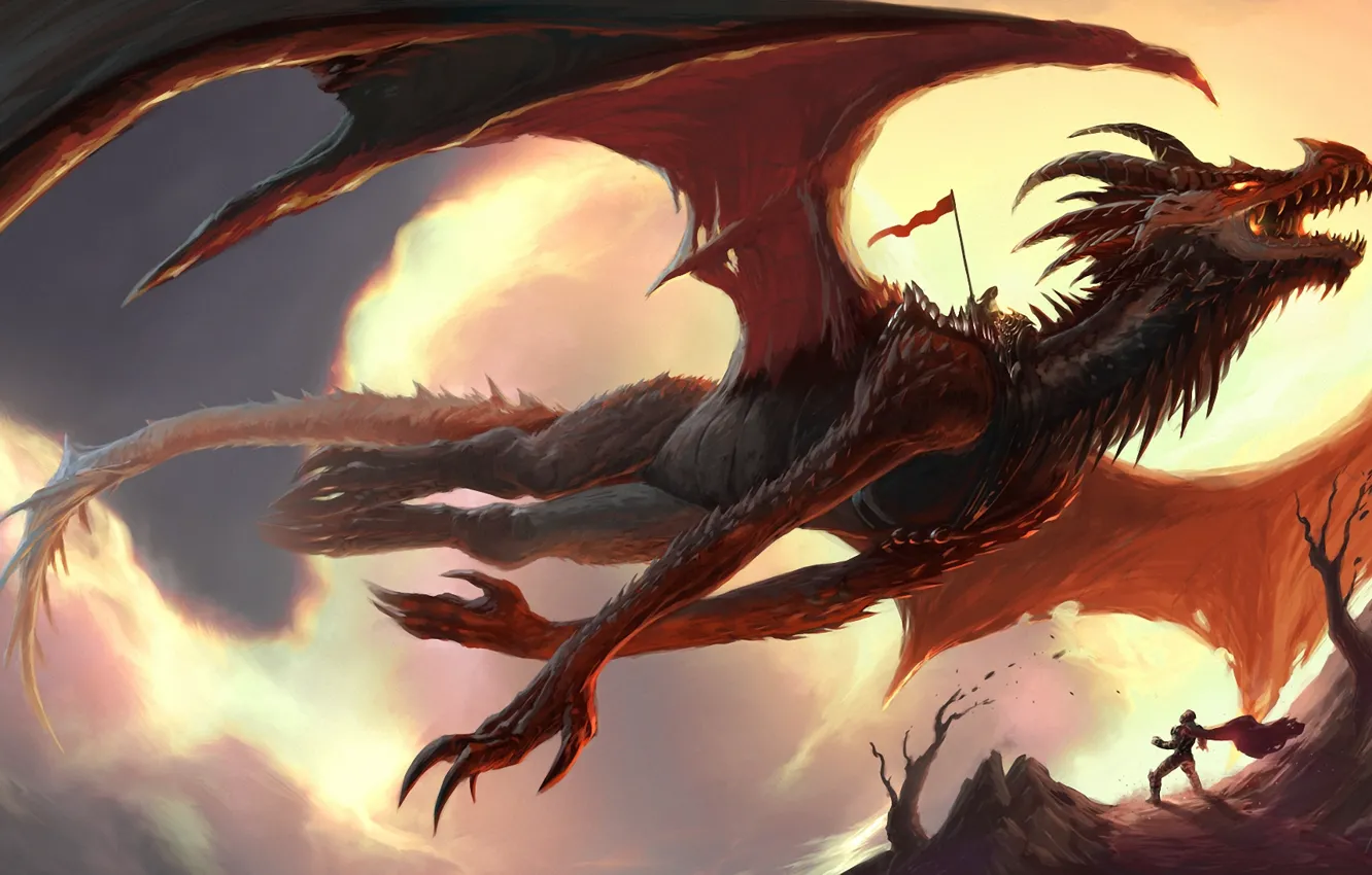 Photo wallpaper rocks, dragon, people, fantasy, art, banner