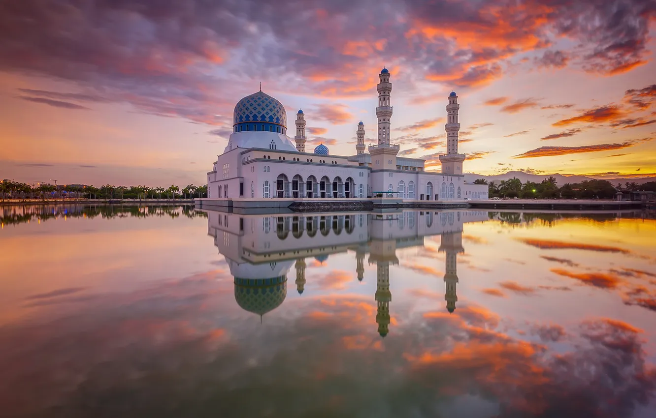 Photo wallpaper clouds, sunset, reflection, mirror, mosque, Malaysia, Likas Bay, Sabah
