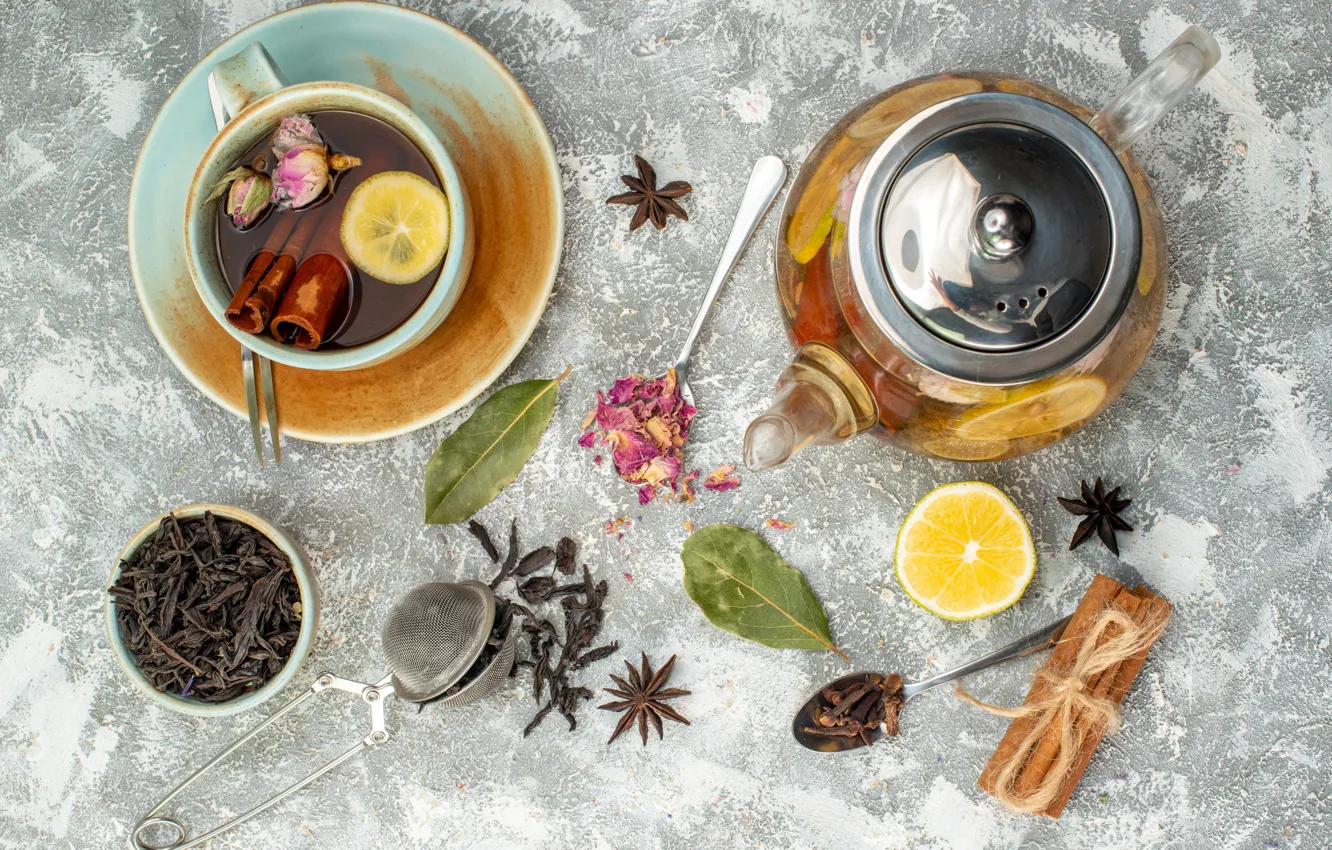 Photo wallpaper leaves, flowers, table, lemon, tea, kettle, spoon, the tea party