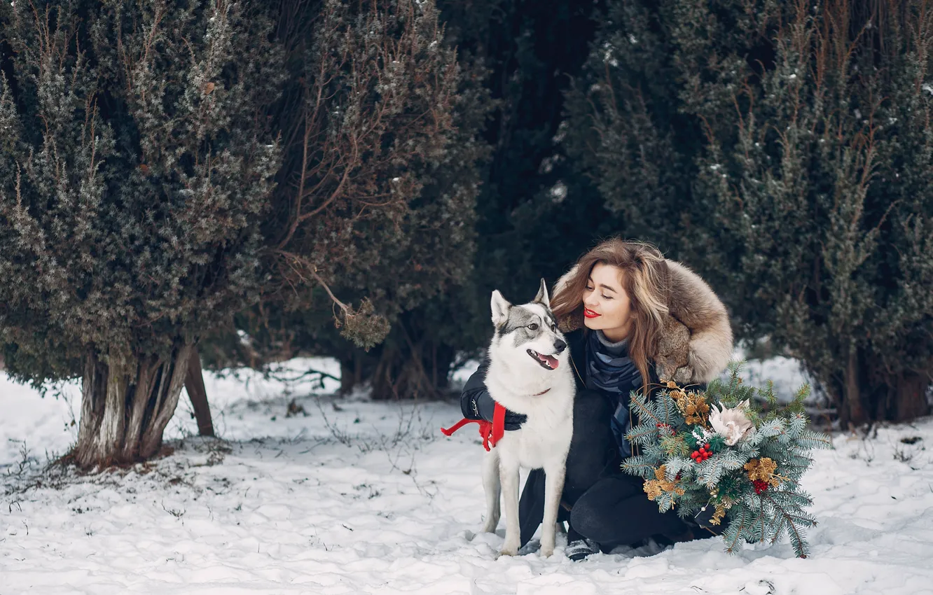 Photo wallpaper winter, girl, snow, dog