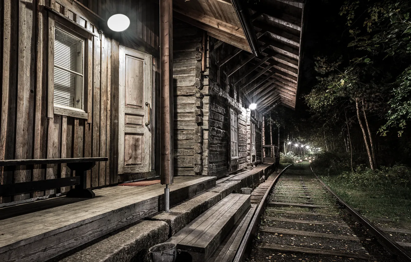 Photo wallpaper trees, night, station, the door, lights, railroad, old house, Finland