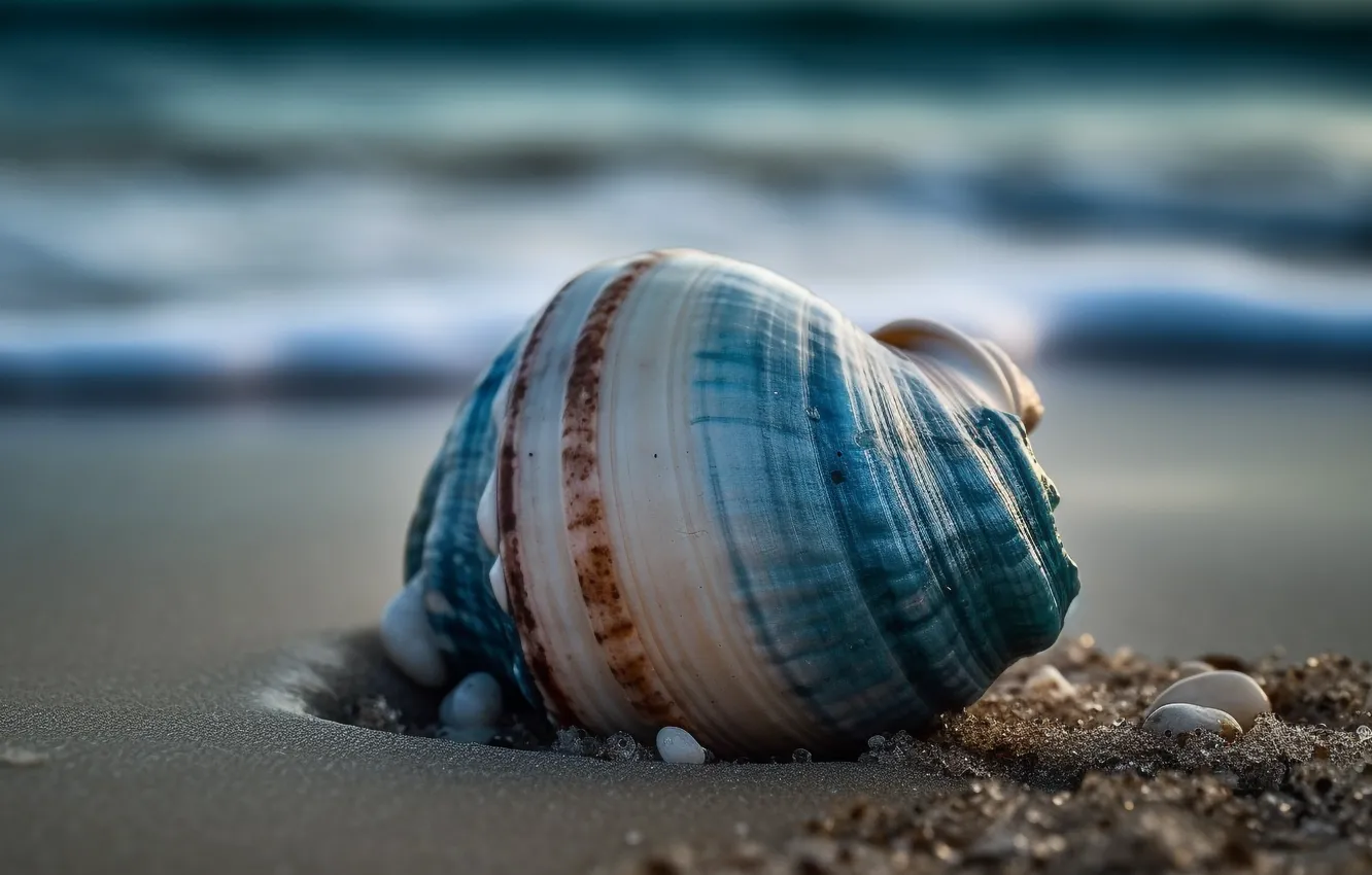 Photo wallpaper sand, sea, beach, macro, blue, sink, surf, shell