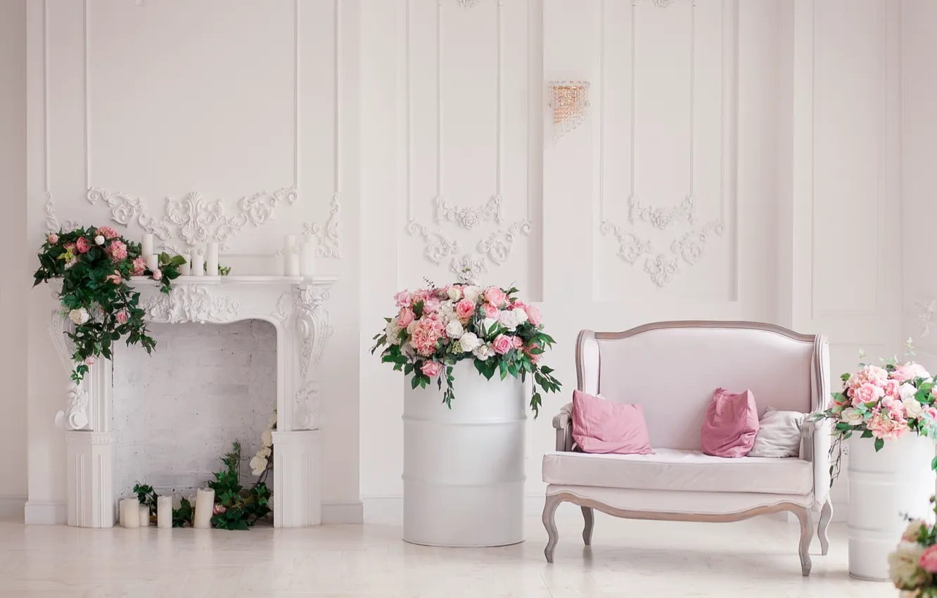 Photo wallpaper flowers, sofa, interior, fireplace, box, decor, bouquets