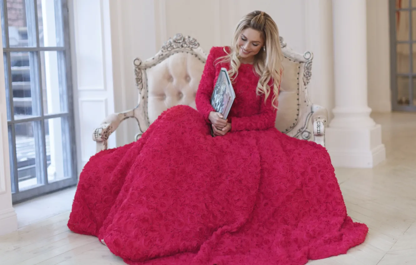 Photo wallpaper girl, flowers, dress, actress, blonde, book, Natalia Rudova