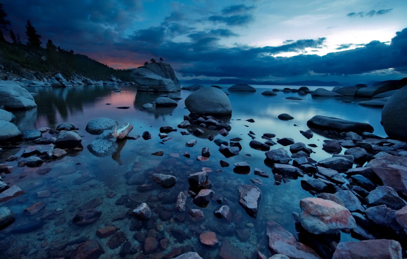 Photo wallpaper landscape, night, nature, lake, stones