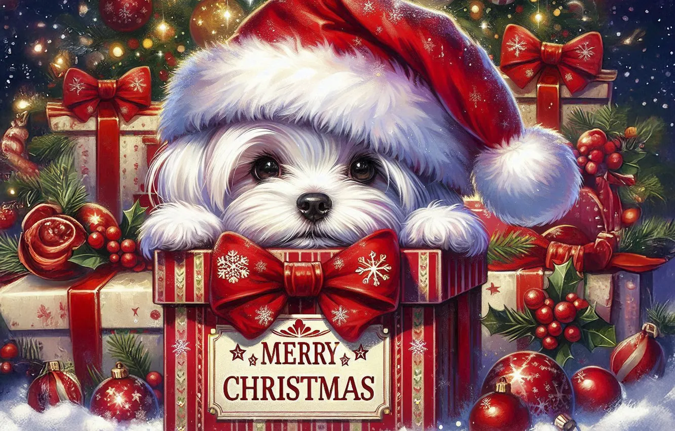 Photo wallpaper winter, white, balls, snow, snowflakes, night, red, lights