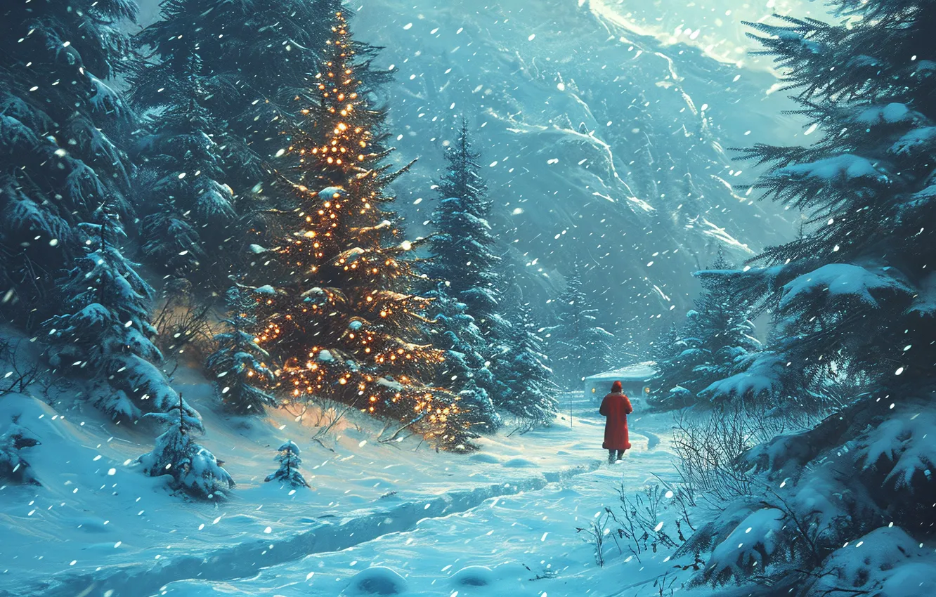 Photo wallpaper winter, forest, snow, mountains, tree, new year, ate, Christmas