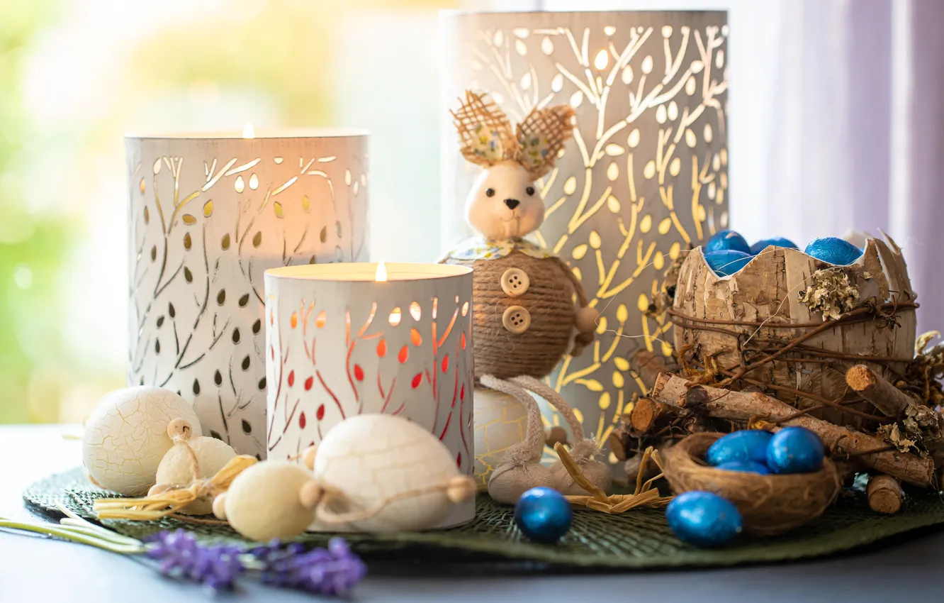 Photo wallpaper light, toy, eggs, sticks, candles, rabbit, Easter, buttons