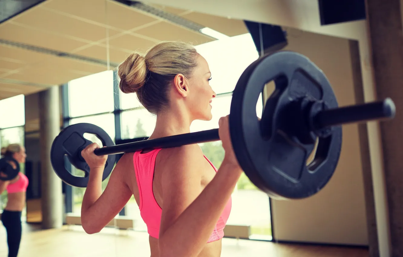 Photo wallpaper pose, back, figure, fitness, iron, rod, iron, training