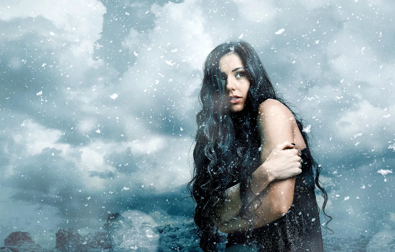 Photo wallpaper winter, girl, snow, snowflakes, the wind, cold