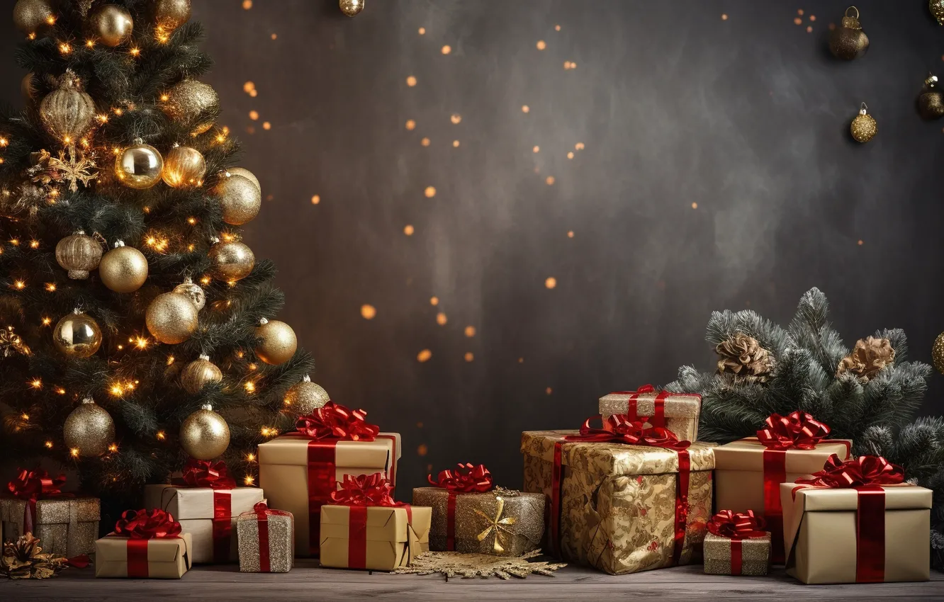 Photo wallpaper decoration, gift, balls, tree, new year, Christmas, golden, Christmas