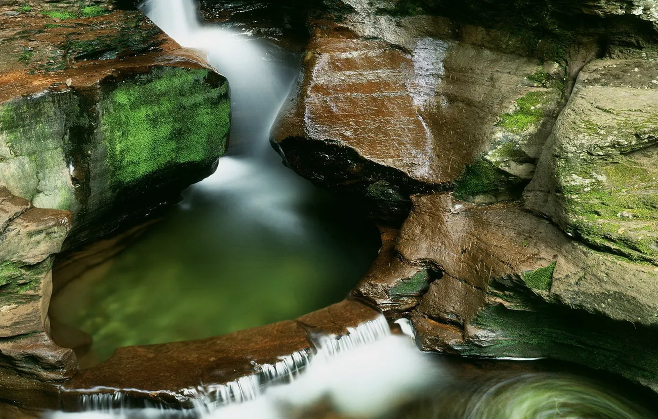 Photo wallpaper rocks, waterfall, moss