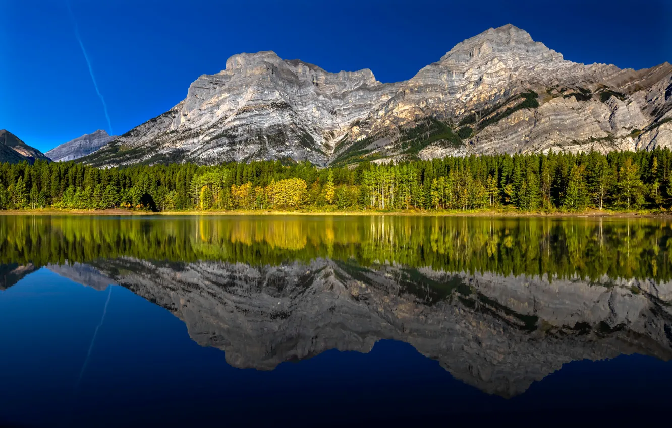 Photo wallpaper autumn, forest, mountains, lake, reflection, Canada, Albert, Alberta