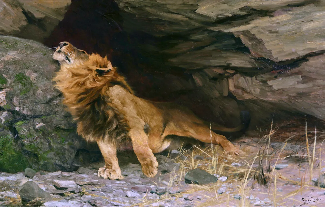 Photo wallpaper picture, Leo, potyagushki, the grotto, Friedrich Wilhelm Kunert, German painter, Friedrich Wilhelm Kuhnert, Wilhelm Kunert