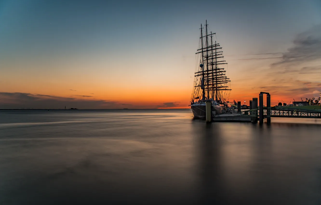 Photo wallpaper sunset, ship, Bay