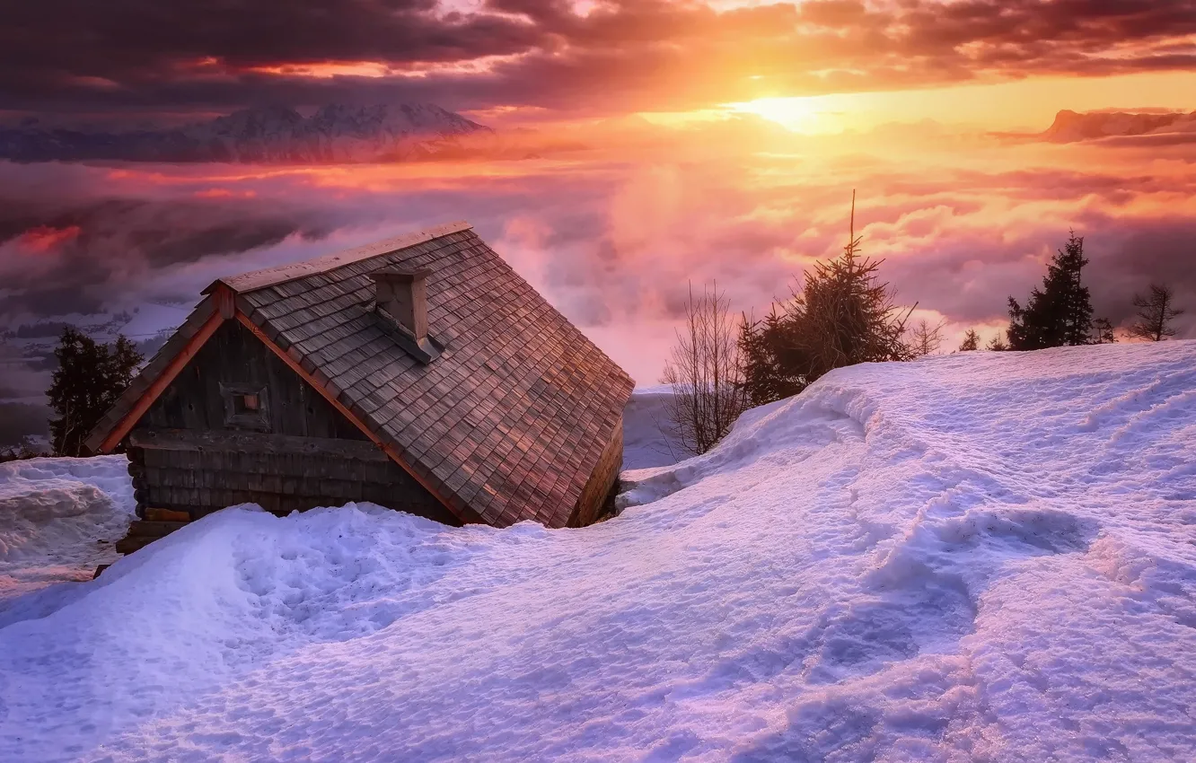 Photo wallpaper winter, the sun, clouds, light, snow, mountains, house