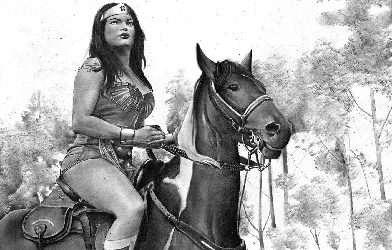 Photo wallpaper girl, horse, figure, pencils, art, black and white, warrior, Gal Gadot