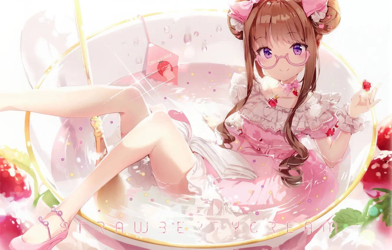 Photo wallpaper water, girl, smile, anime, strawberry, art, glasses, book