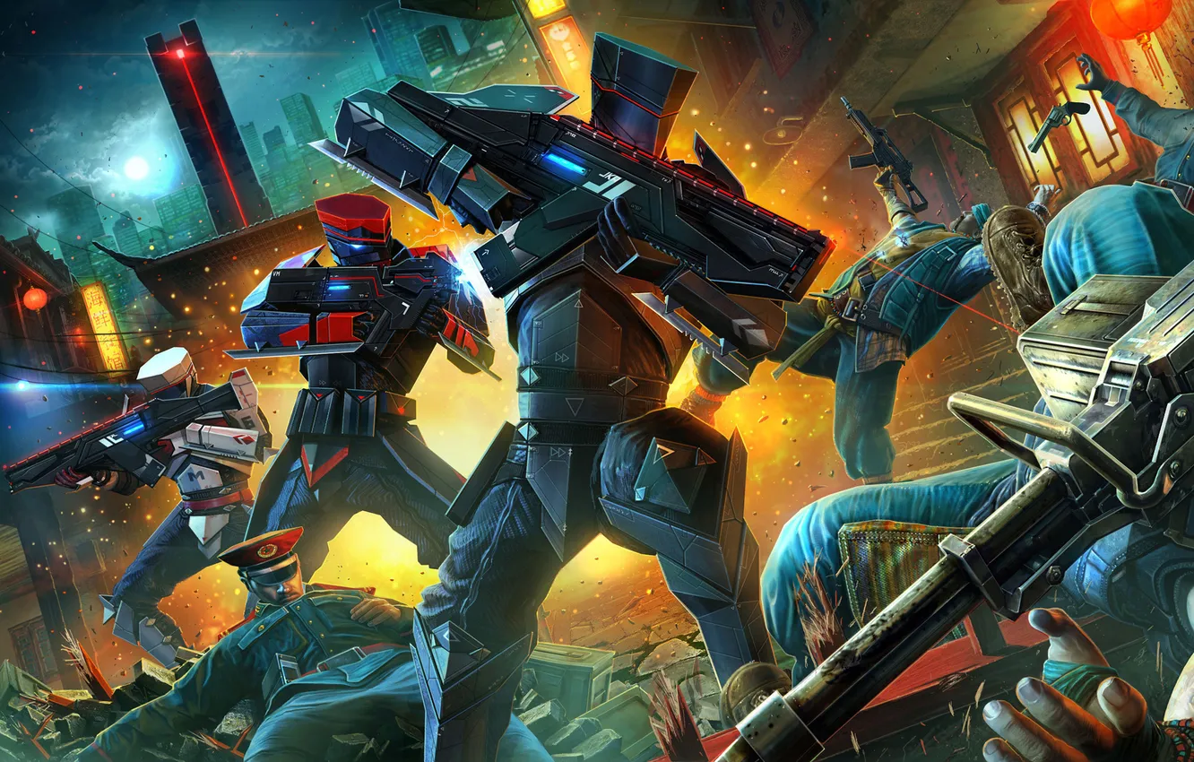 Photo wallpaper the city, weapons, people, robot, form, battle, military, Bodycount